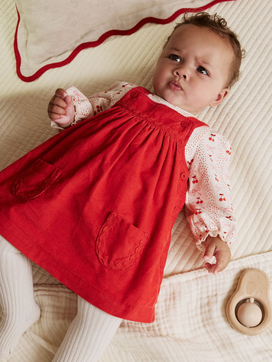 Dsiney Kidz - Red Bow Baby Cord Pinafore Long Sleeve Bodysuit & Tights Set (0mths-2yrs) image 2