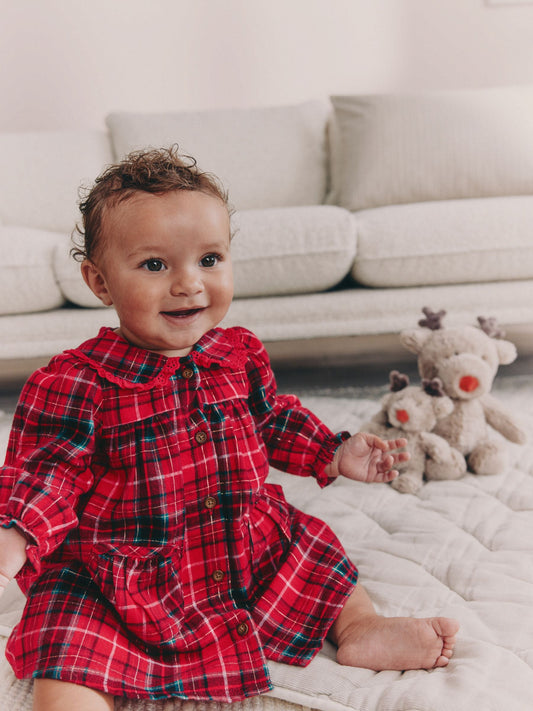 Red Check Baby Collar Long Sleeve Dress (0mths-2yrs)