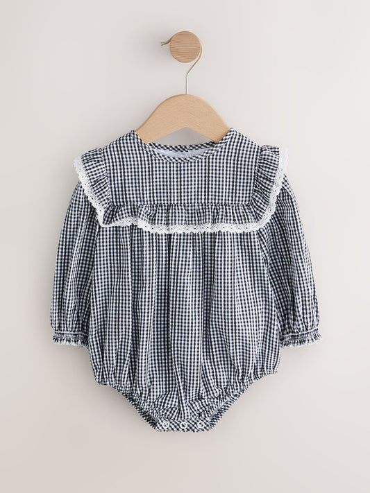 Grey/ White Gingham Check Baby Bloomer Rompers Set 2 Piece with Tights (0mths-3yrs) image 3