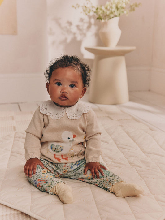 Neutral Duck/ Sage Ditsy Baby Knitted Jumper and Leggings 2 Piece Set (0mths-3yrs) image 2