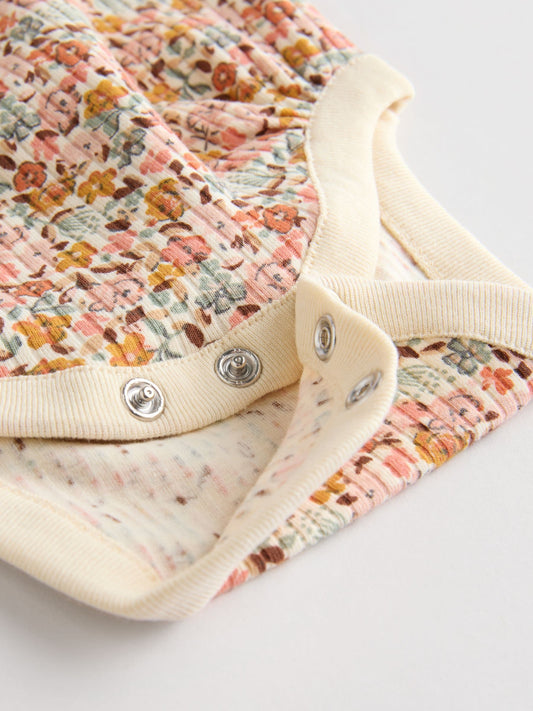 Blue/Cream/Coral Ditsy Baby Long Sleeve Frill Bodysuits 4 Pack (0mths-2yrs) image 3
