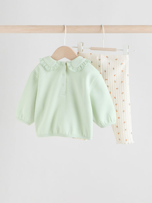 Sage Green/ Cream Ditsy Baby Frill Collar Sweater and Leggings 2 Piece Set (0mths-2yrs) image 2