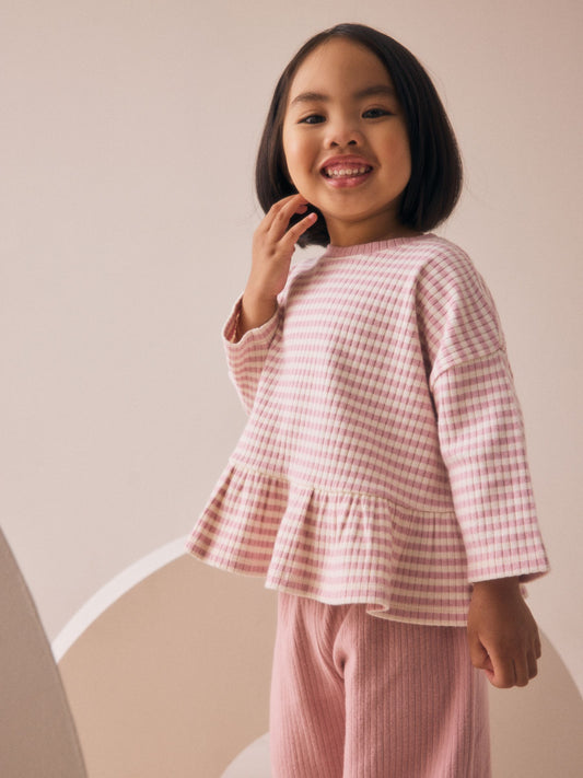 Pink Ribbed Long Sleeve Top and Wide Leg Trousers Set (3mths-7yrs) image 2