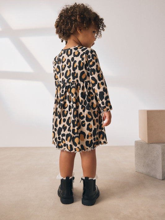 Animal Print Long Sleeve Ribbed Dress (3mths-7yrs)