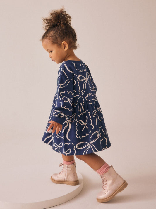 Navy Bow Sweat Dress (3mths-7yrs)