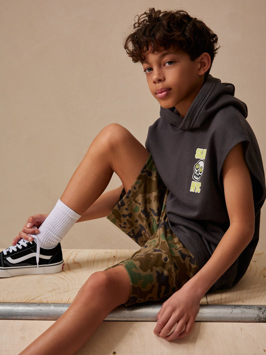 Camouflage Sleeveless Hoodie And Short Graphic Set