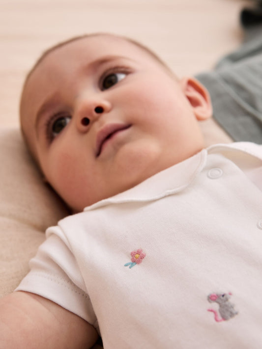 JoJo Maman Bébé White Cotton Short Sleeve Bunny Embroidered Sleepsuit image 2