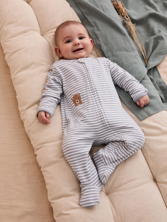 JoJo Maman Bébé Blue Bear Cotton Embroidered Sleepsuit image 2
