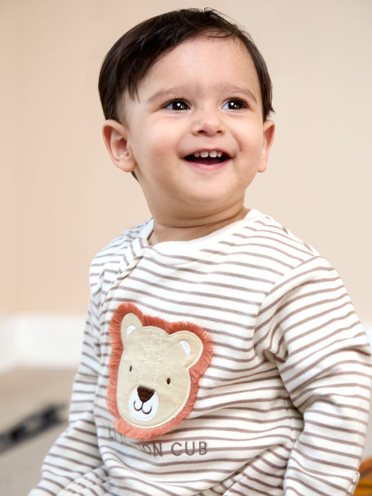 JoJo Maman Bébé Ecru Lion Cotton Footed Stripe Appliqué Zip Sleepsuit image 2