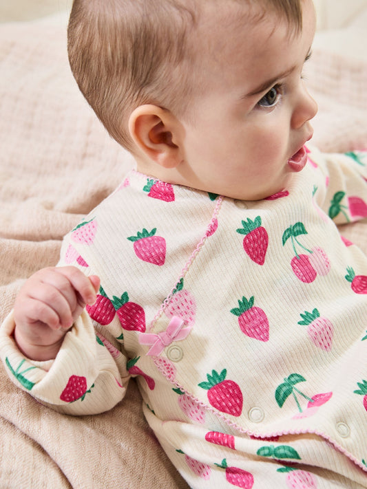 JoJo Maman Bébé Cream Strawberry Cotton Footed Cross-Over Sleepsuit image 2