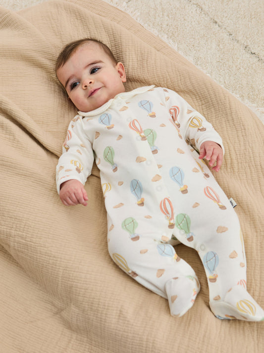 JoJo Maman Bébé Cream Hot Air Balloon Print Cotton Collared Footed Sleepsuit image 2
