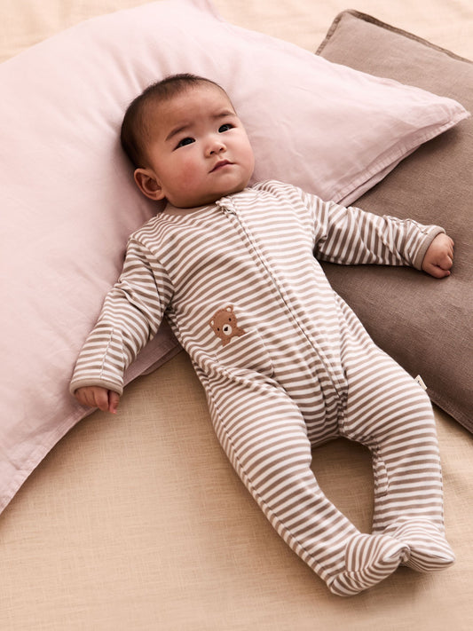 JoJo Maman Bébé Tan Bear Cotton Embroidered Sleepsuit image 2