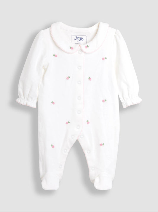 JoJo Maman Bébé Cream Cotton Collared 2-Piece Embroidered Sleepsuit and Hat Set image 2