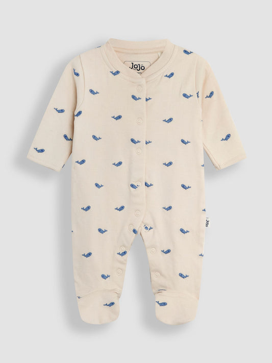 JoJo Maman Bébé Natural Whale Embroidered Cotton 2-Piece Sleepsuit and Hat Set image 2