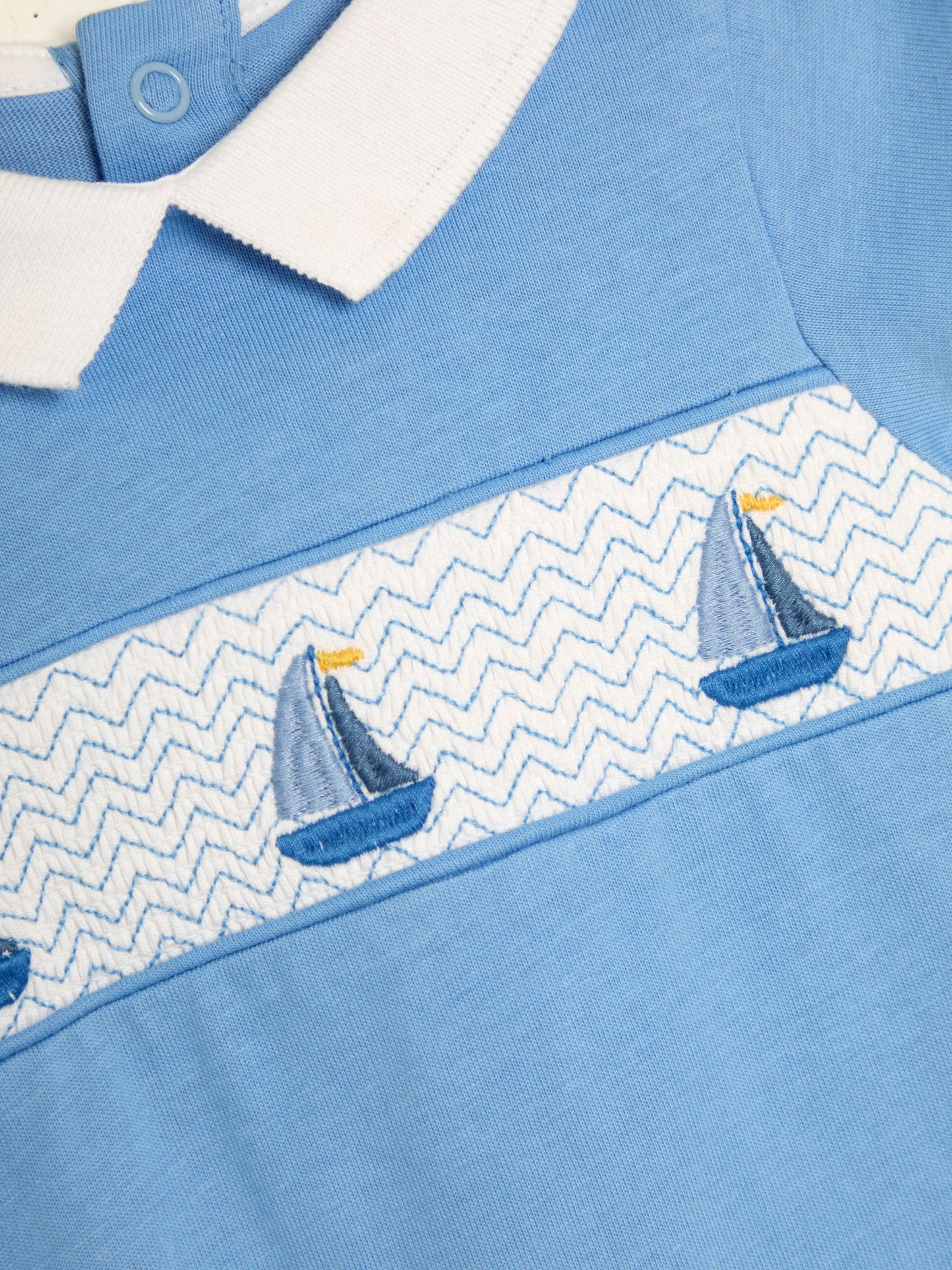 JoJo Maman Bébé Blue Boat Nautical Embroidered Smocked 100% Cotton Romper image 3