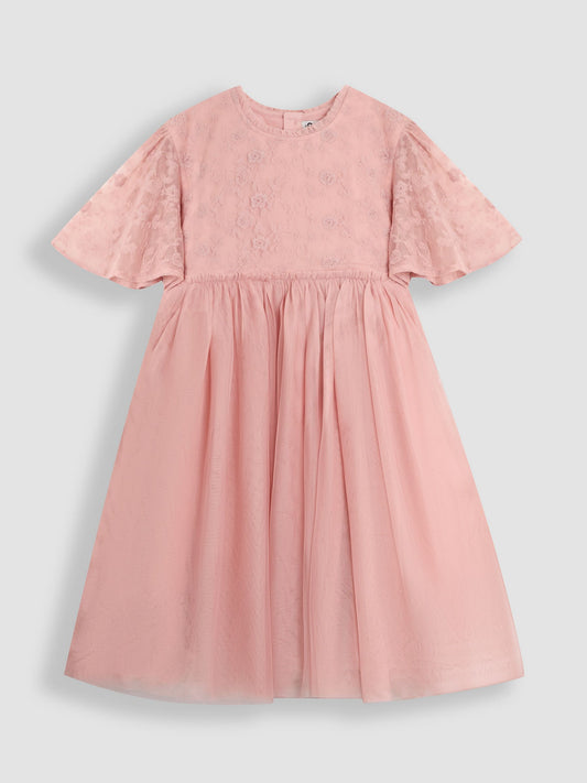 Dsiney Kidz - JoJo Maman Bébé Pink Embroidered Lace Scallop Sleeve Flower Print Girl Dress image 2