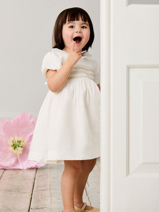 Dsiney Kidz - JoJo Maman Bébé Cream Smocked Puff Sleeve Cotton Satin Flower Girl Dress image 2