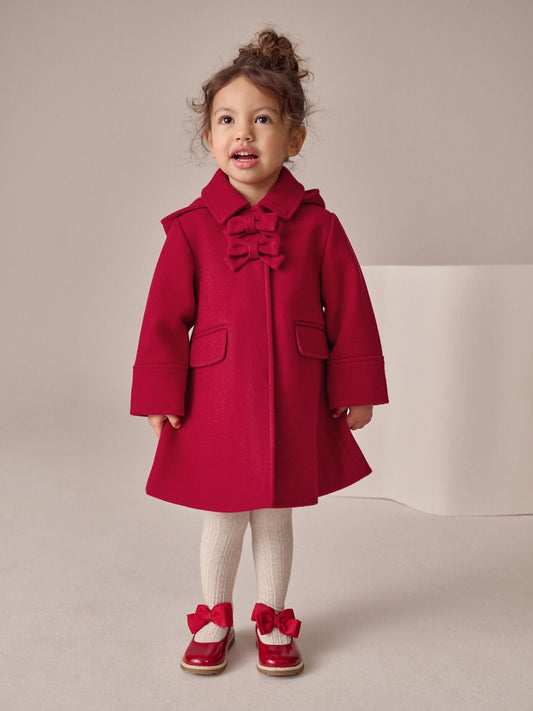 Red Bow Detail Hooded Coat with Wool (3mths-10yrs)