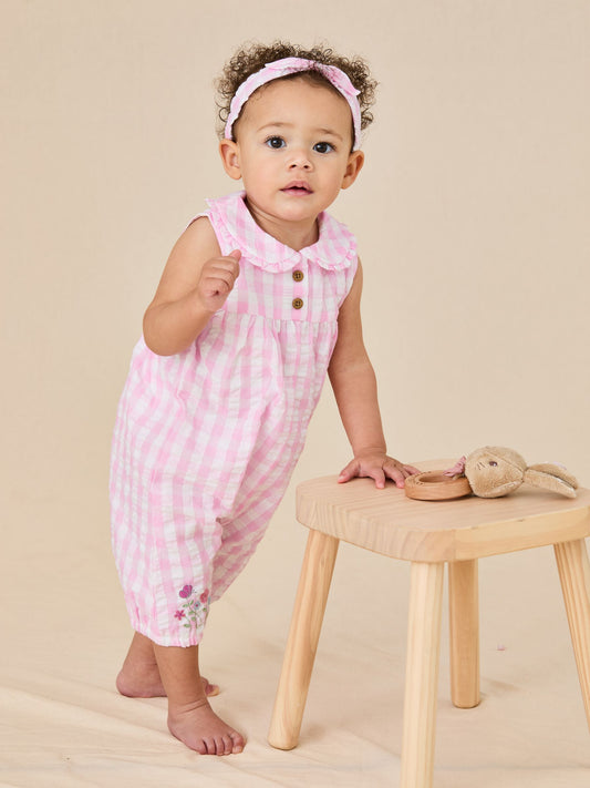 JoJo Maman Bébé Pink Gingham Peter Flopsy Bunny Jumpsuit & Headband Set image 2