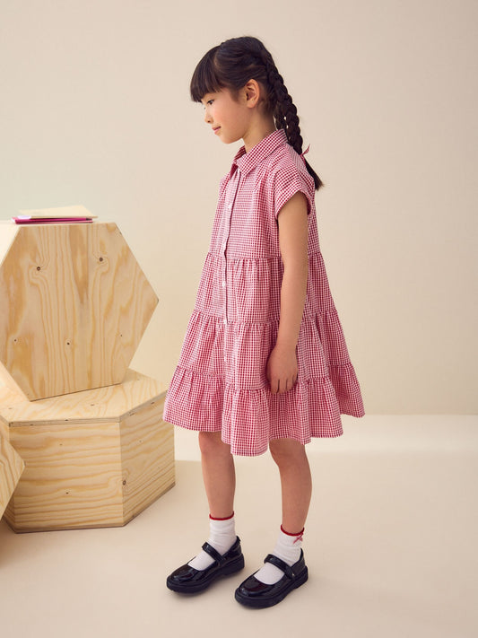 Dsiney Kidz - Red Cotton Rich School Gingham Tiered Shirt Collar Dress (3-14yrs) image 2