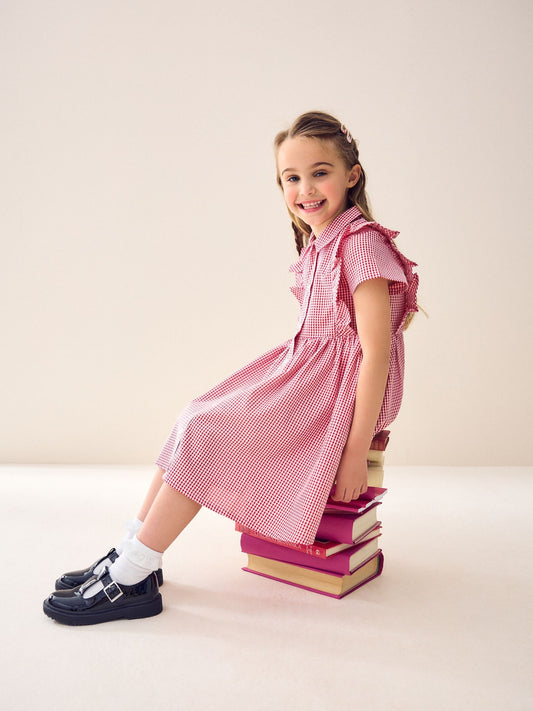Dsiney Kidz - Red Cotton Rich Frill Gingham School Dress (3-14yrs) image 2