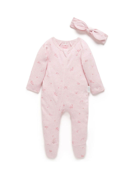 Purebaby Pink Zip 100% Cotton Sleepsuit & Headband Set image 2