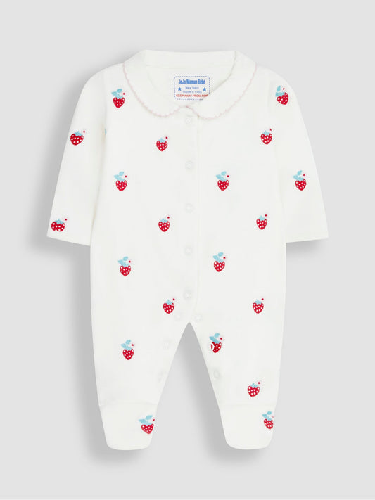 JoJo Maman Bébé Cream Strawberry Cotton Embroidered Sleepsuit image 2