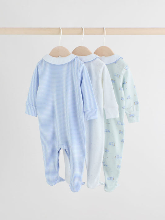 White/Blue Baby Embroidered Sleepsuits 3 Pack