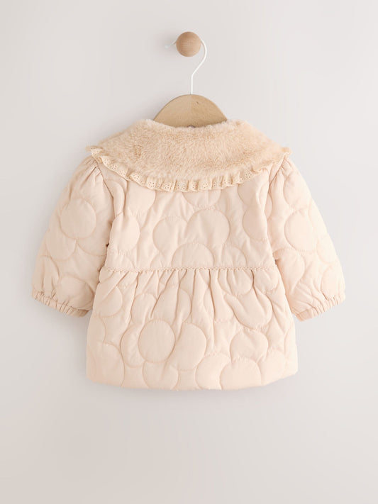 Neutral Oversized Collar Faux Fur Collar Quilted Baby Jacket (0mths-2yrs)