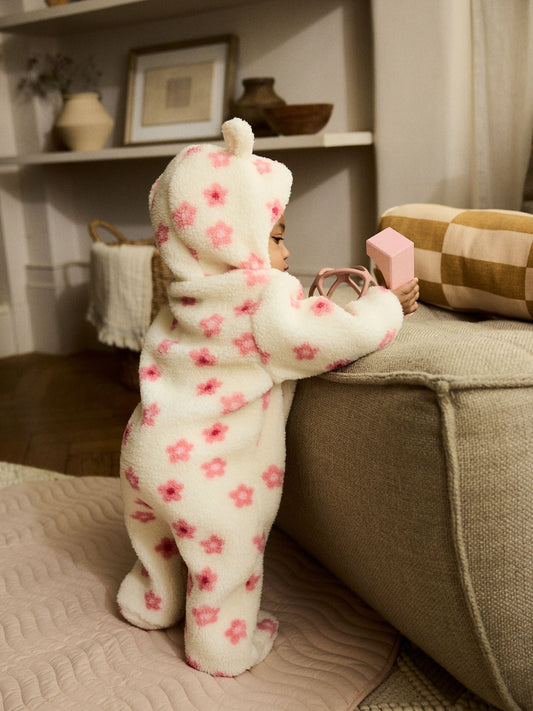 Ecru and Pink Floral Baby Borg Hooded Pramsuit (0mths-2yrs)