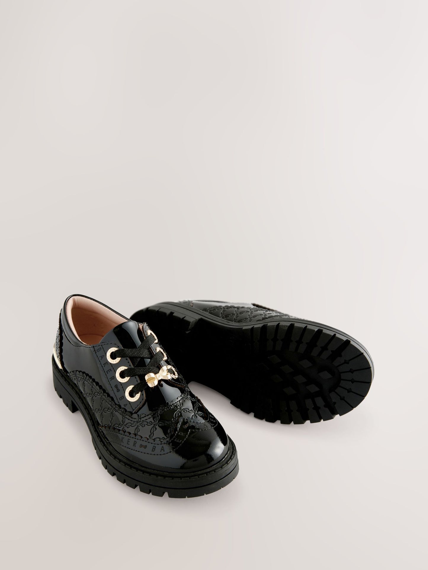 Baker by Ted Baker Girls Back to School Chunky Patent Black Brogue Shoes with Bow image 5