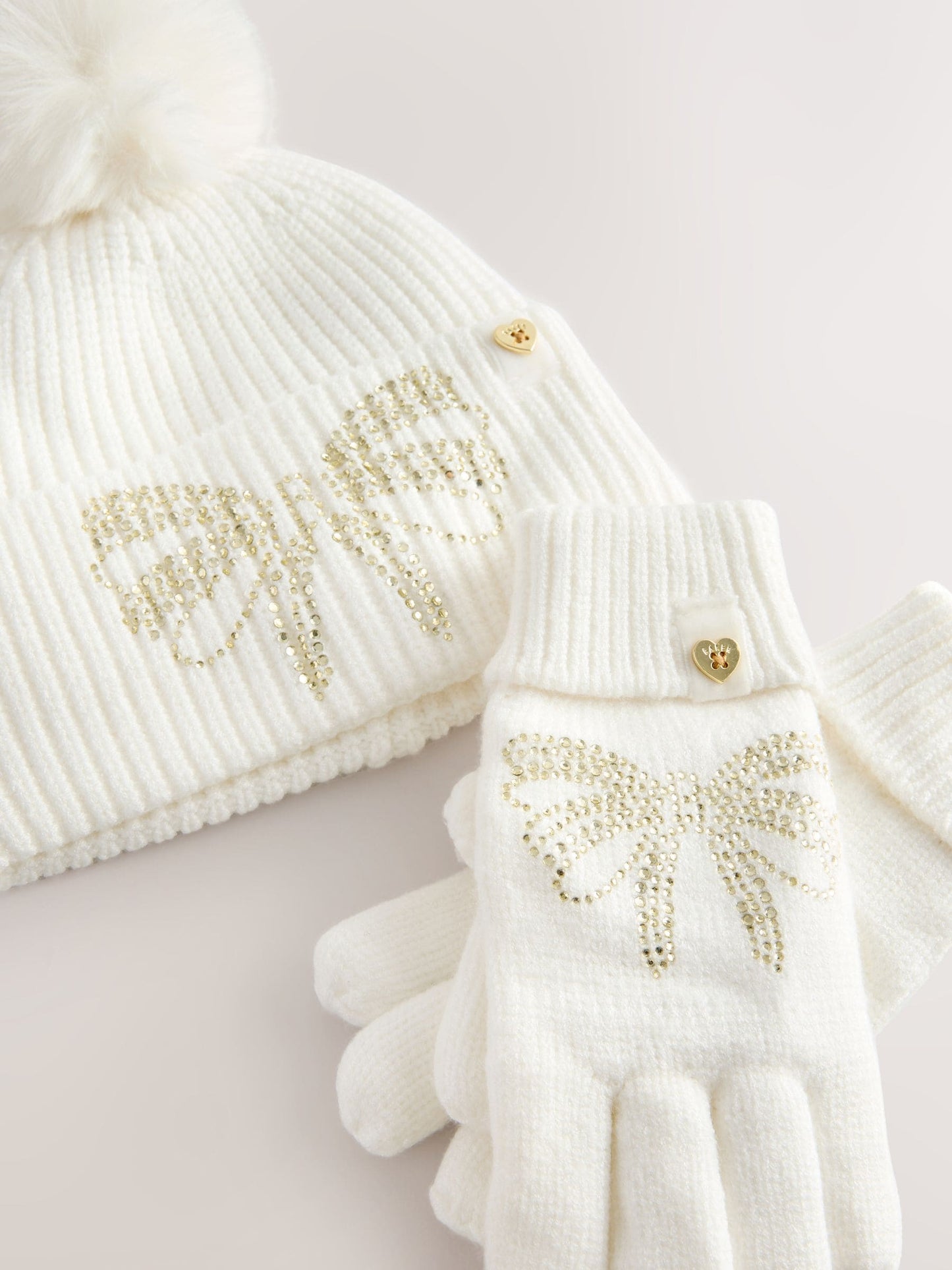 Baker by Ted Baker Girls Knitted Diamanté Bow Pom Hat and Gloves Set image 4