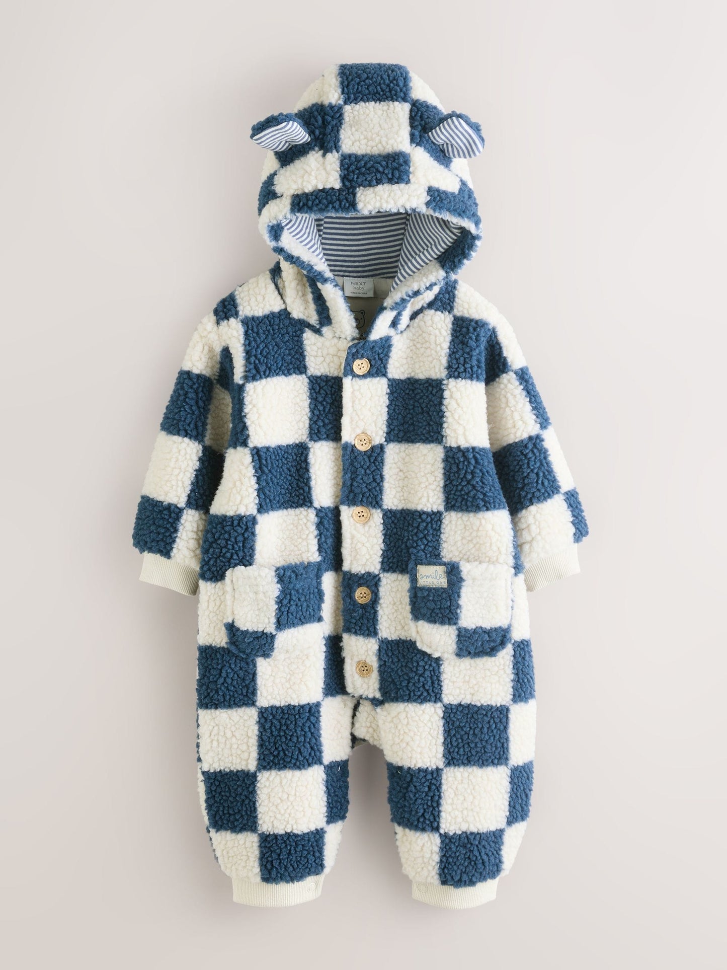 Blue Checkerboard Borg Hooded Baby Pramsuit (0mths-2yrs)