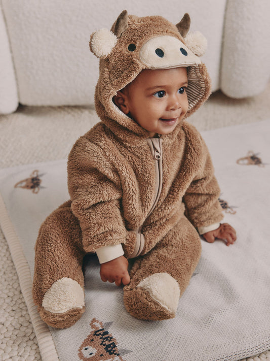 Brown Hamish Hooded Baby Fleece Pramsuit (0-18mths) image 2