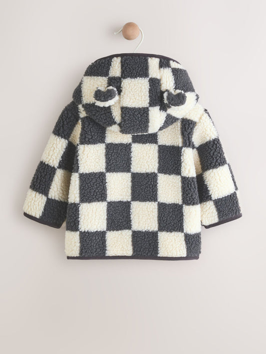 Charcoal Grey Checkerboard Hooded Baby Borg Jacket (0-18mths)