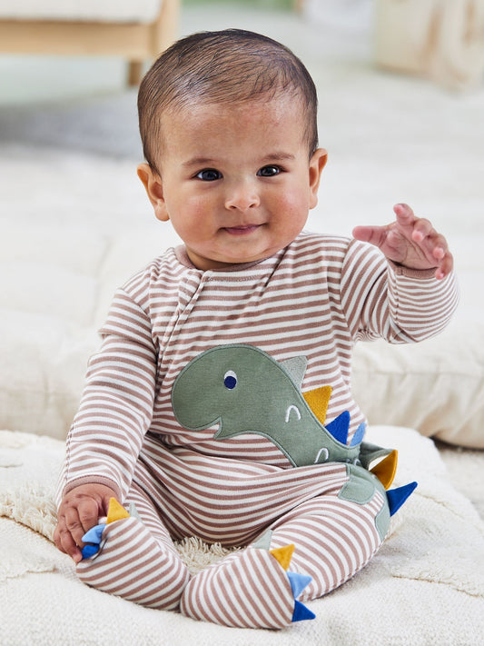 JoJo Maman Bébé Natural Stripe Dino Appliqué Zip Sleepsuit image 2