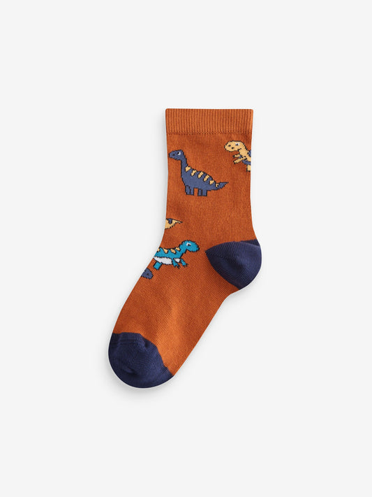 Brown/Green/Navy Blue Dinosaurs Print Rich Socks 5 Pack image 3