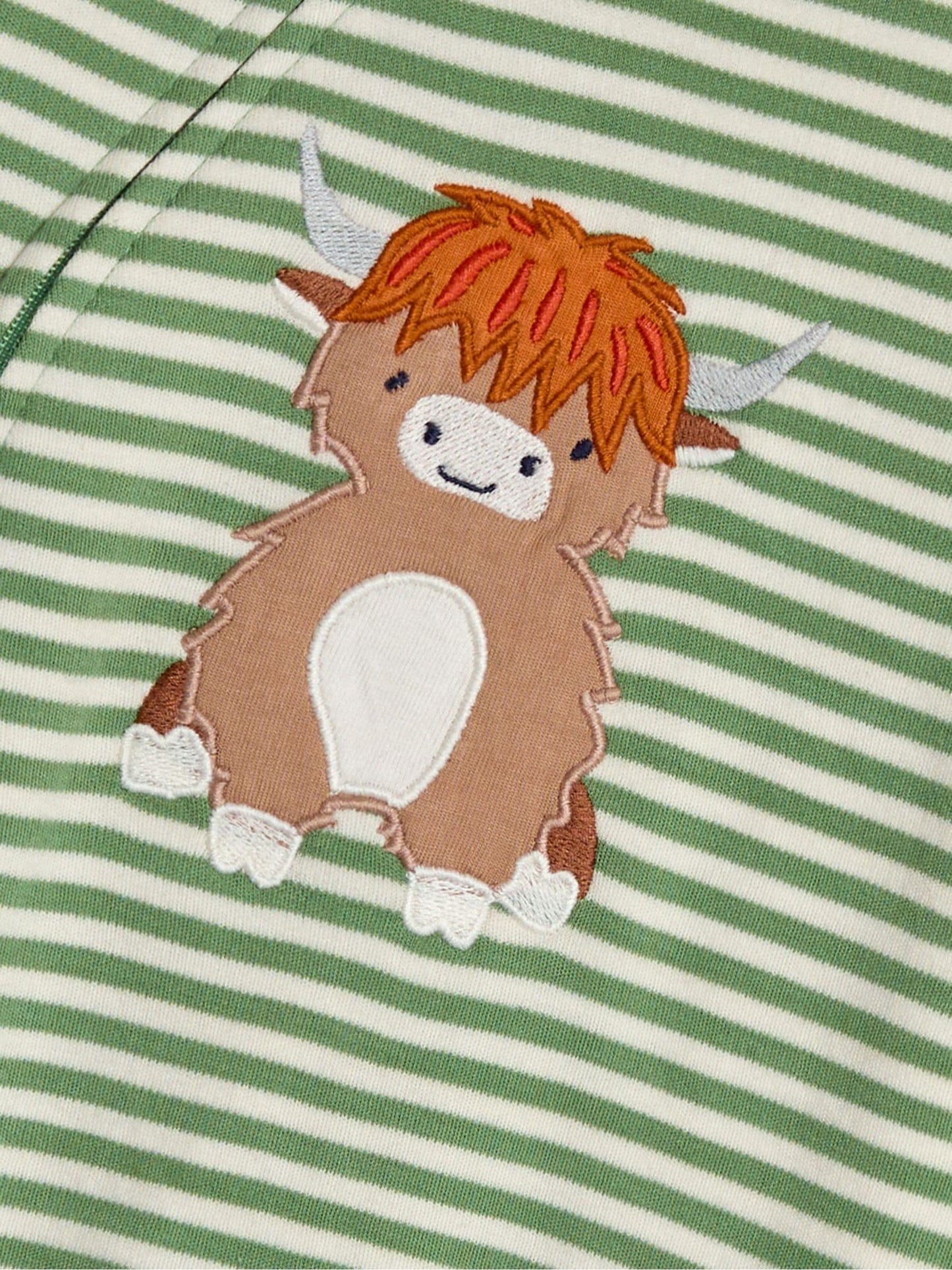 JoJo Maman Bébé Green Highland Cow Farmyard Appliqué Zip Sleepsuit image 5