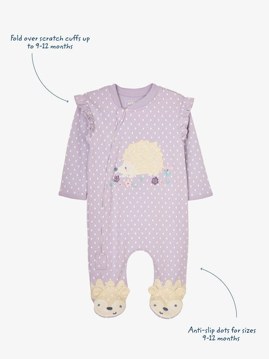 JoJo Maman Bébé Lilac Hedgehog Appliqué Zip Sleepsuit image 2