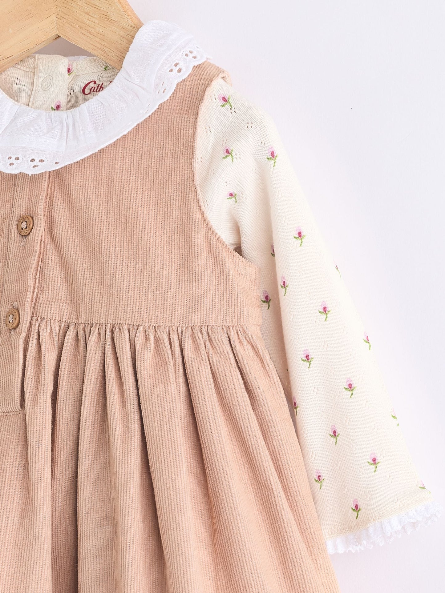 Cath Kidston Beige Embroidered Corduroy Pinafore 100% Cotton Dress with Tights