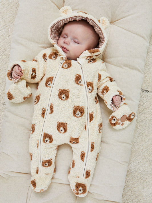 JoJo Maman Bébé Cream Bear Print Cosy Pramsuit image 2