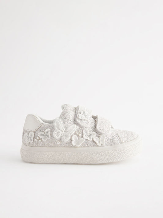 White Glitter Wide Fit (G) Butterfly Touch Fasten Strap Trainers image 2