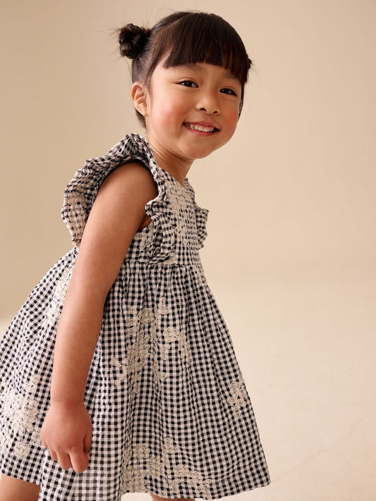 Black/White Gingham Embroidered Frill Sleeve Dress (3mths-8yrs)