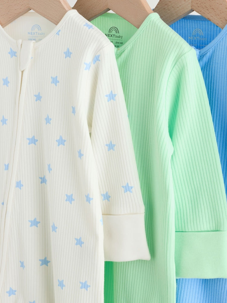 Blue/Green Star Milk Club Two Way Zip Baby Sleepsuits 3 Pack (0mths-3yrs)