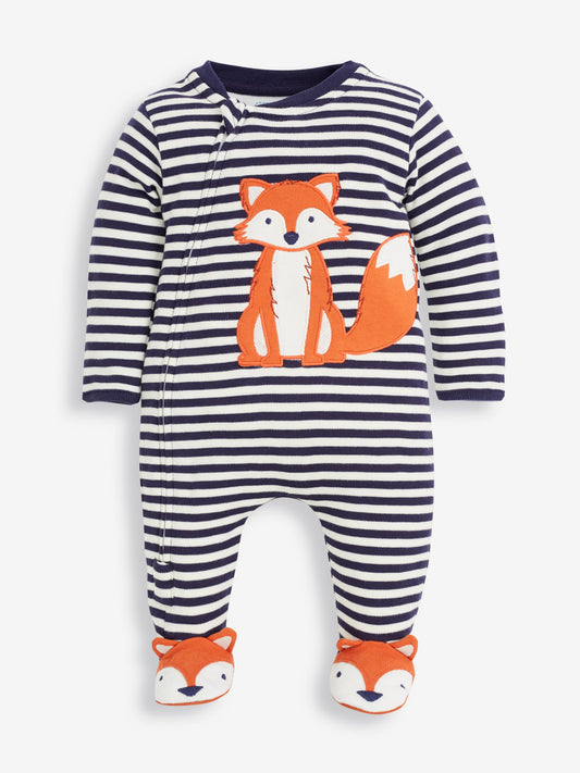 JoJo Maman Bébé Navy Blue Ecru Cream Stripe Fox Appliqué Zip Cotton Baby Sleepsuit image 2