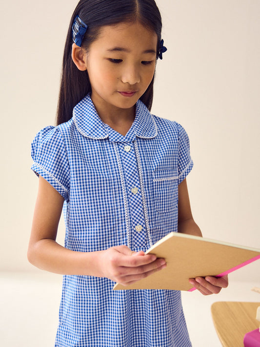 Dsiney Kidz - Mid Blue Cotton Rich Button Front Lace Gingham School Dress (3-14yrs) image 2