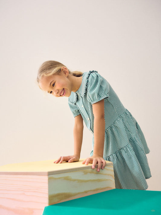 Dsiney Kidz - Green Cotton Rich School Gingham Tiered Pretty Collar Dress (3-14yrs) image 2