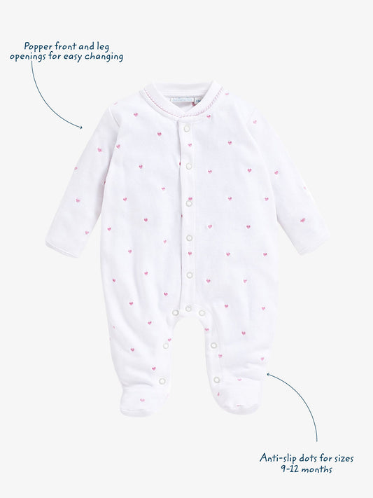 JoJo Maman Bébé Pink Heart Embroidered Cotton Baby Sleepsuit image 2