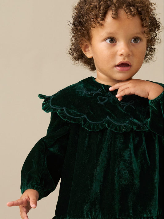 Dsiney Kidz - Angel & Rocket Green Dotty Scalloped Frill Embroidered Collar Velvet Dress image 2