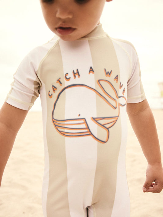 Neutral White Stripe Sunsafe All-In-One Swimsuit (3mths-7yrs)